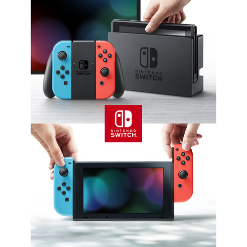 Nintendo Switch with Neon Blue and Red Controllers